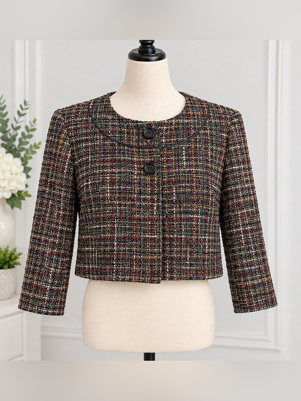 AK Anne Klein Multi Color Bouclé Tweed Blazer Cropped Jacket 8P
